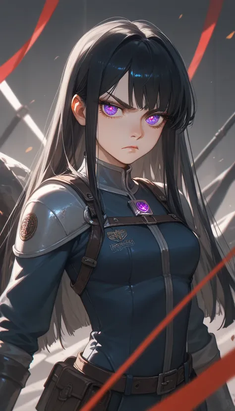 (masterpiece),  Best Quality ,  expressive eyes ,  Perfect Face , ((1 Girl)),  unique ,  Medium height ,  young woman in hot suit, Large target , ( long hair, Black Hair, Side lock,  bangs), ( Purple Eyes,  Serious , threaten, Leadership vibe ,  glowing ey...