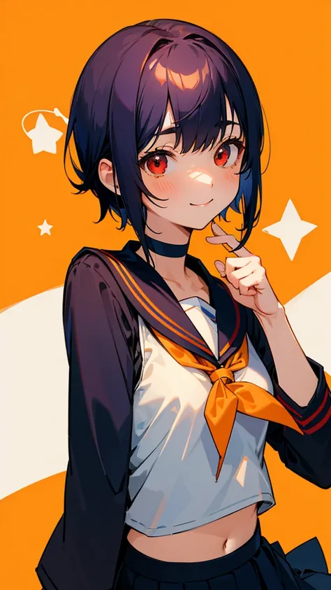  1 girl、 upper body closeup、Sailor school uniform、 jacket、 navy blue skirt with shirasu、 choker 、orange medium hair、round red eyes 、 flat chested、smile