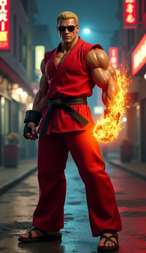 "A unique hybrid character blending Ken Masters from Street Fighter and Johnny Cage from Mortal Kombat, standing in a gritty urban street with glowing neon signs and dim streetlights. The hybrid features Kens red gi modified with Johnny Cages stylish comba...