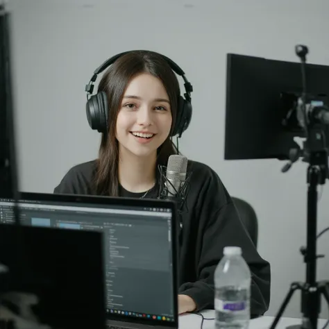  A woman sitting at a desk with a laptop and a microphone, Sitting in front of a microphone, Twitch Streamer, Twitch Streamer/player ludwig, Giving an interview, accurate portrait, taking control while smiling, H3H3,  with a happy expression ,  accurate re...