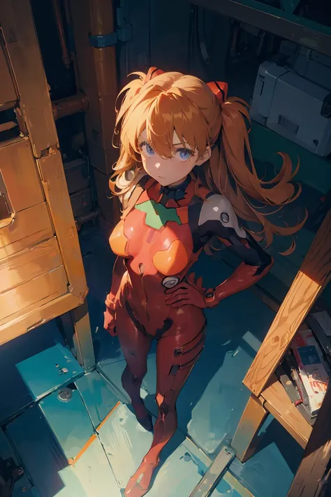 (masterpiece), best quality, expressive eyes, perfect face, 1girl, solo, souryuu asuka langley, interface headset, red bodysuit, hands on waist, standing, hand raised, pointed at the viewer, laboratory background,character sheet, portrait, looking at the v...