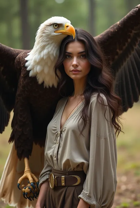  A beautiful woman with not too thin dark brown hair as a step , in casual dress with sleeves  ,  trousers free along with a huge giant eagle , wings open photo full looking natural  