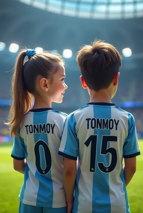 Girl in the Argentina jersey and boy in the Argentina jersey...in a stadium..face clearly visible of the girl...but the boys backside will be visibleonly... wearing a jersey Tonmoy (jersey name)
..not cartoon picture.realistic