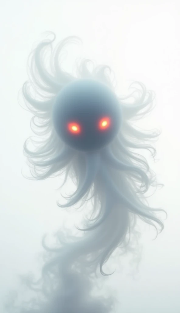 View from below,low angle,white glossy background,outline,sketch,fractal transparent silhouette of thick white smoke,twisted into a silhouette of a huge gray-pink-smoky cute chibi ghost creature with burning eyes,jumping out of the sky,glass petals,blender...