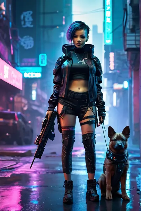 Cyberpunk girl with a puppy centered at the edge of the street.