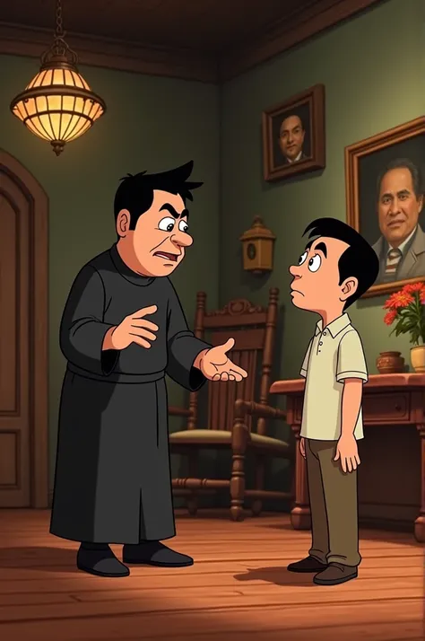 Padre Damaso and Don Filipo, animated in a vintage Filipino sala with hardwood floors, capiz shell chandeliers, and antique furniture. Damaso, with a stern expression, gestures towards a portrait on the wall while Don Filipo, looking concerned, listens int...