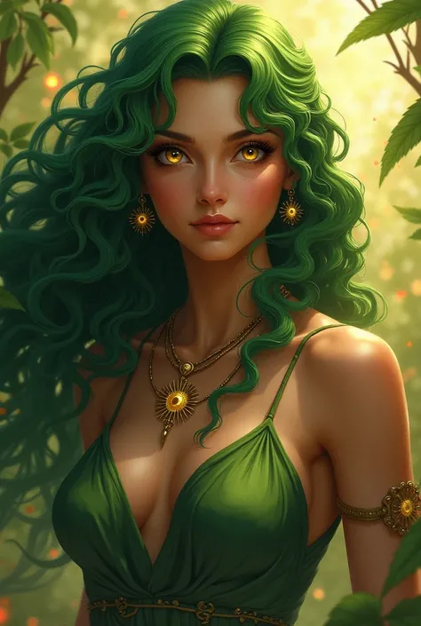 demeter goddess of agriculture,she ha long curly green hair and piercing gold eyes