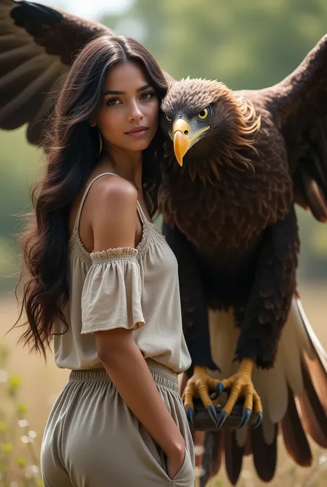  A beautiful woman with not too thin dark brown hair as a step , in casual dress with sleeves  ,  trousers free along with a huge giant eagle , wings open photo full , wings unclipped ,natural looking  