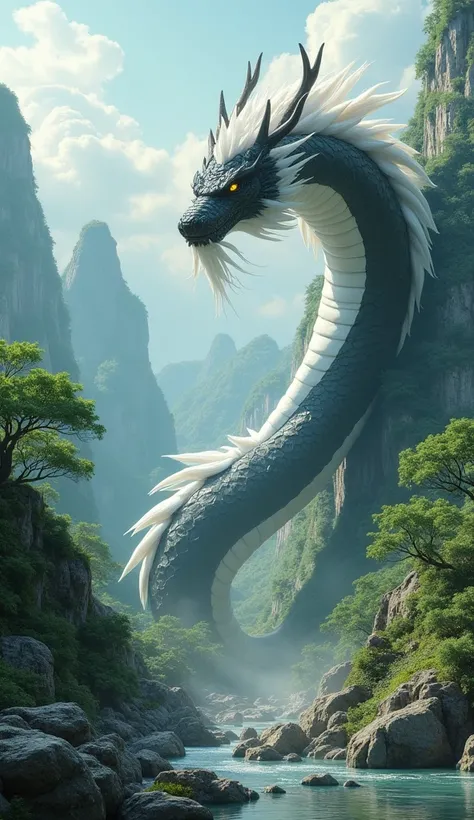 ((masterpiece,  top quality,  Highest image quality  ,  high resolution, Realistic,  original photo,  extremely detailed CG uniform 8K wallpaper)),  Chinese mythology ，valley，Creek，A giant snake，Dragon&#39;s Head，Half body black half white ，white mane