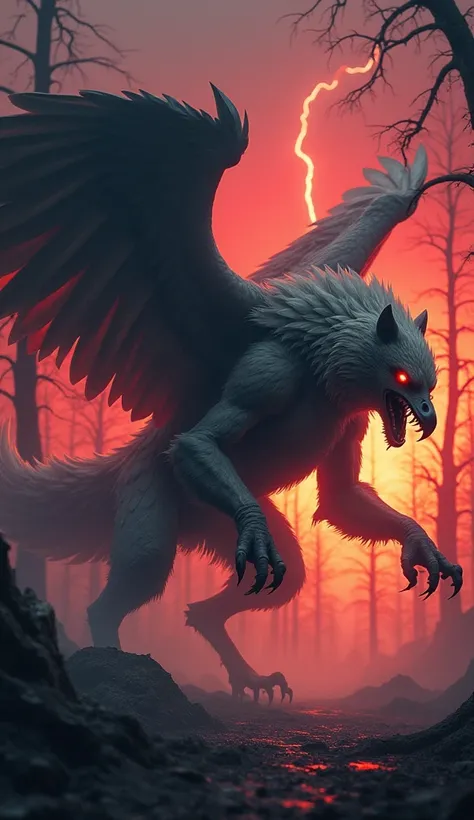 "A monstrous hybrid creature combining the ferocious features of an Eagle and a Wolf. This terrifying entity has the muscular body of a Wolf with sharp claws, combined with massive feathered wings and piercing talons of an Eagle. Its face is a chilling ble...