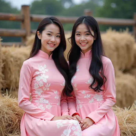 Masterpiece, WOMAN THE IMAGE IS A PORTRAIT OF TWO YOUNG ASIAN WOMEN SITTING ON A PILE OF HAY. THEY ARE BOTH WEARING TRADITIONAL VIETNAMESE DRESSES, WHICH ARE PINK IN COLOR WITH WHITE FLORAL PATTERNS. THE DRESSES HAVE LONG SLEEVES AND A HIGH NECKLINE. THE W...