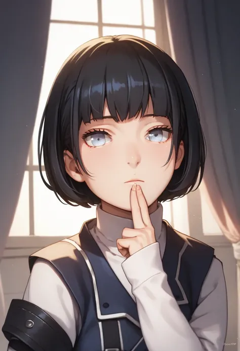 1girl, black long vest, white sleeves, blue eyes, white pants, ikemoto style, Hinata Hyuga, bob cut, hair bangs, white eyes, black hair, perfect face, perfect body, perfect face shape, perfect mouth, perfect hair, perfect eyes, expressive eyes, perfect nos...