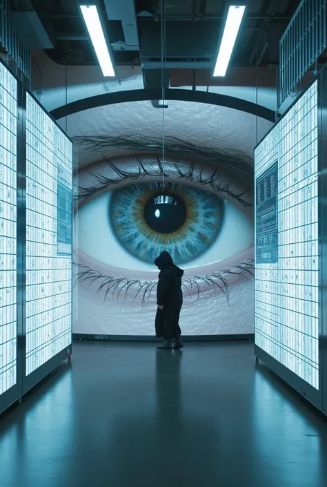 Make a glass screen with countless other smaller screens and a giant human eye behind them looking at the camera