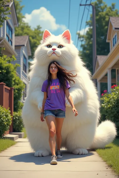 A woman in a purple tshirt and walking next door with a very giant angora cat walking together 