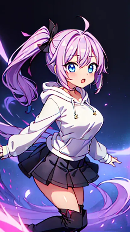 1 Girl, Solo, ((SFW, Anime Illustration, 2D, Clean Line Drawing, Absurdres, Best Image Quality, Best Quality, Best Detailed, Best Contrast, Best Masterpiece)), BREAK ((Lilac-Colored Hair:2, Tying a Side Ponytail with a Black Ribbon:2, Huge Breasts:2, Place...