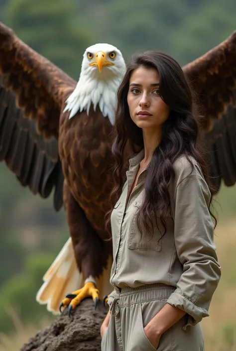  A beautiful woman with not too thin dark brown hair as a step , in casual dress with sleeves  ,  trousers free along with a huge giant eagle , wings open photo full , wings unclipped ,natural looking  