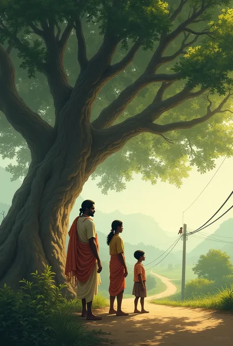 A group of four people, including a Hindu man and a young boy, gathers beneath a towering banyan tree along a road. High on a branch, a bird perches, calmly watching the scene.
