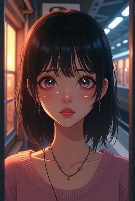  high image qualityの美少女イラスト、、 Korean-style see-through bangs and layer-cut semi-long hair、 The background is a station home at dusk in winter 、Big moist eyes、 reflection of light in the eyes 、Shiny 、** I have tears that seem to spill over my eyes even now ...