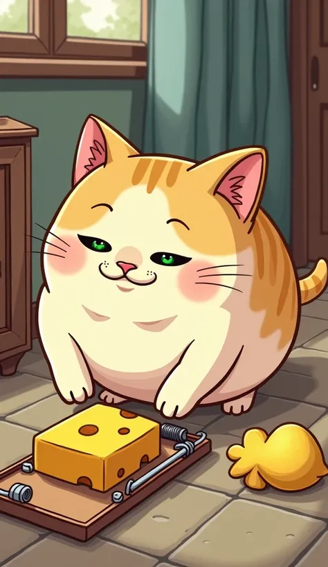 A ai image of A chubby cream-colored tabby cartoon cat (green eyes, always looking sleepy or smug) pounces on  slice of cheese on a spring-loaded mouse  trap ( yellow fish- shaped pillow near it)
  inside a house 
