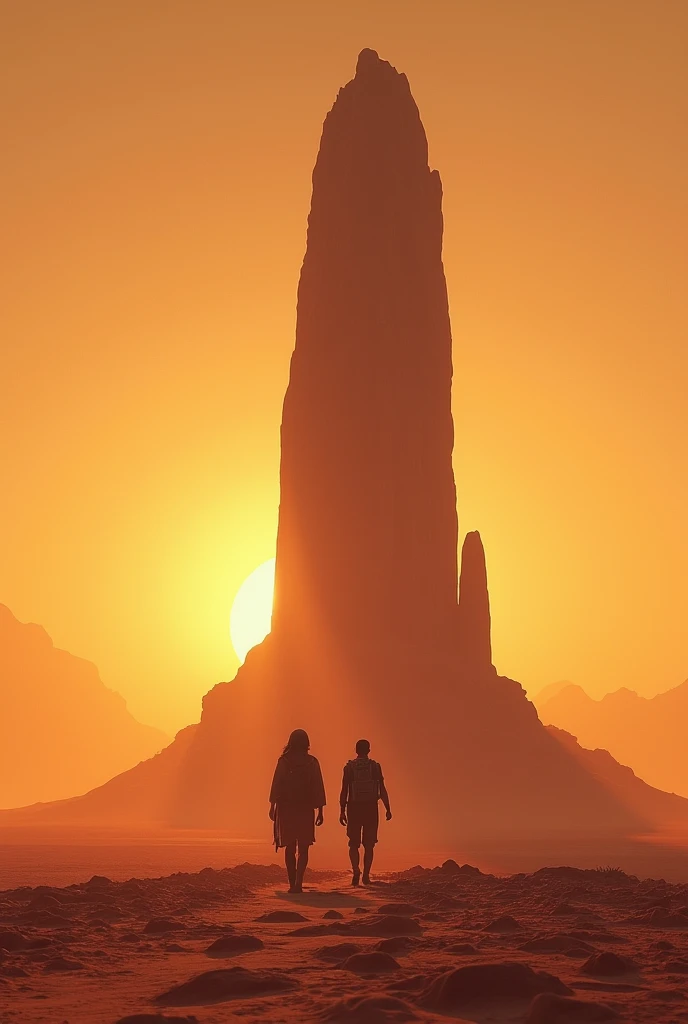 there are two people walking in the desert near a large rock, unreal engine 5 showcase, anamorphic 24 mm lens, inspired by Sanford Robinson Gifford, gameplay screenshot, still from a music video, sylvain sarrailh and igor morski, interior gameplay screensh...