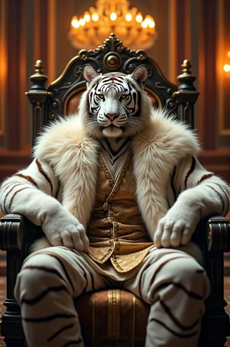 The king was sitting on the throne while wearing a shirt made of thick hairy white tiger skin 