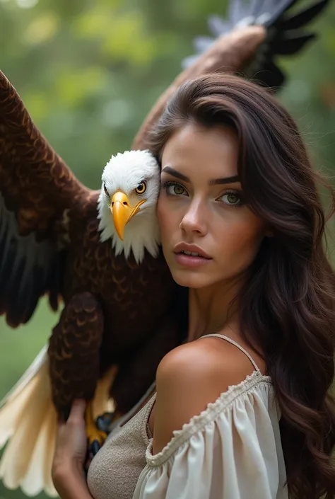  A beautiful woman with not too thin dark brown hair as a step , in casual dress with sleeves  ,  trousers free along with a huge giant eagle ,the wings are open photo the birds wings are not clipped,natural looking  