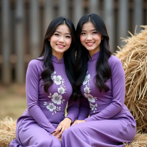 Masterpiece, WOMAN THE IMAGE IS A PORTRAIT OF TWO YOUNG ASIAN WOMEN SITTING ON A PILE OF HAY. THEY ARE BOTH WEARING TRADITIONAL VIETNAMESE DRESSES, WHICH ARE Violets IN COLOR WITH WHITE FLORAL PATTERNS. THE DRESSES HAVE LONG SLEEVES AND A HIGH NECKLINE. TH...