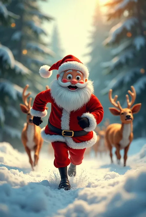 Santa Claus runs through the forest from a herd of deer