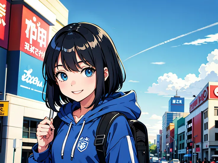 blue sky　smile　 girl　Backpack　 hoodie that uses a dragon　Black Hair　Commuting