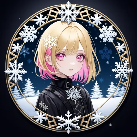 (Circular frame1.7) One Girl ,（Blonde on the outside 、 pink hair on the inside ）,Goth Punk, Christmas Ornaments,(( Intricate Snowflakes )), icon, Circular frame,(Winter Scenery)