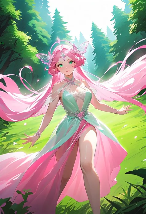 This character is a woman with a magical aura, mature and beautiful, seductive lips. She has long, shiny, bright pink hair and a butterfly-shaped glass clip accessory on her head. Her sharp green eyes shine, she has a slender body, she wears a short dress ...