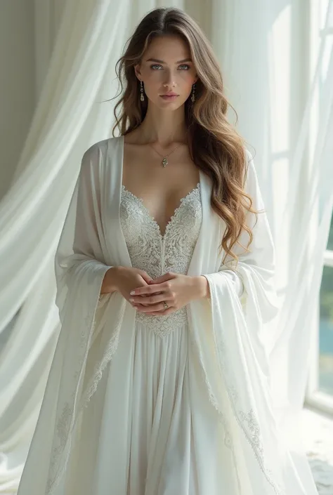  Slavic woman in a white silk robe and a white royal dress and loose wavy hair