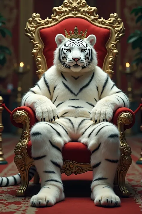 The king was sitting on the throne while wearing a thick fluffy white tiger suit 