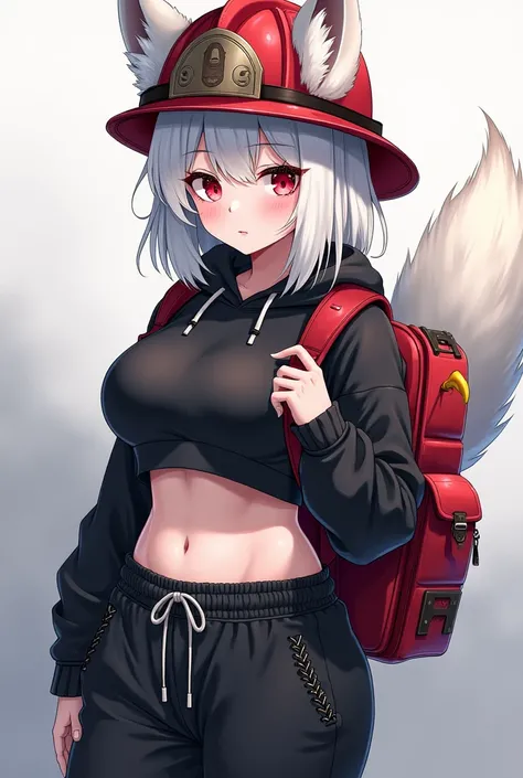  Anime 28-year-old girl with white shoulder length hair ,  with red eyes , fox ears and tail , The size of the second breast,  retracted belly deep  , With her big navel  . She wears ,  black sweatpants with laces , unbuttoned sports sweater ,  black cropp...