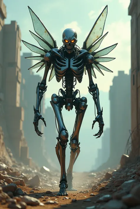 Terminator droid, cyborg, wires, apocalyptic, 
Alien, colours, glass shard wings,  chrome, skullface, cyborg body, shining backward