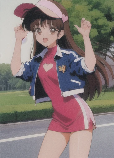 Asusdol,  1 girl, Alone,  visor cap, heart,  hair ornament,  jacket,  dress, open mouth, 1990s ( style for stilets), looking at viewer, smile,  outdoor, null,  Cowboy Shot ,  clevis cut out,  race queen 、lean forward