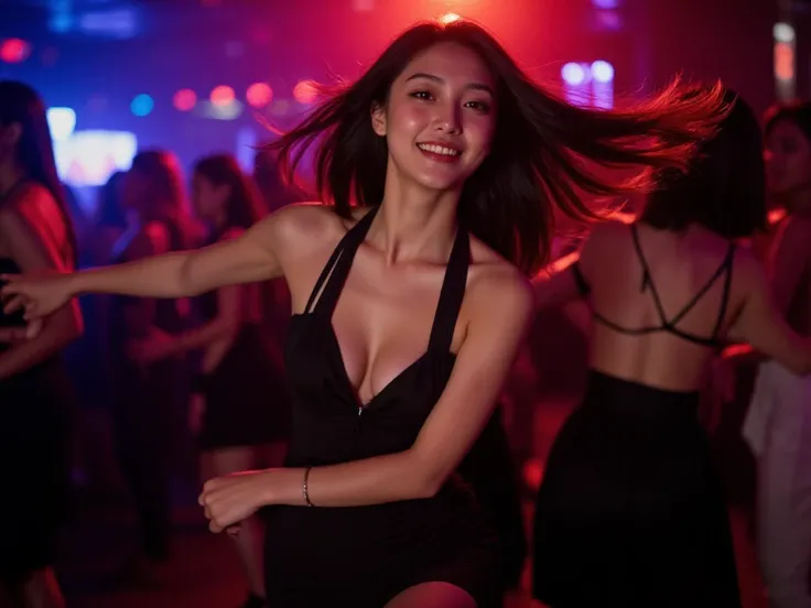 A sultry, young woman with a captivating smile, dressed in a form-fitting outfit, lost in the rhythm of a vibrant night club, her long hair flowing freely as she twirls and spins to the infectious beat, her eyes gleaming with excitement and freedom.