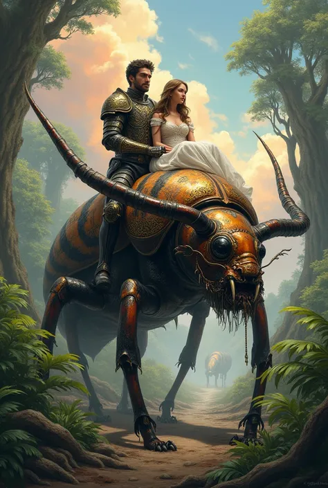 A handsome chivalrous man with his wife rides a tiger beetle