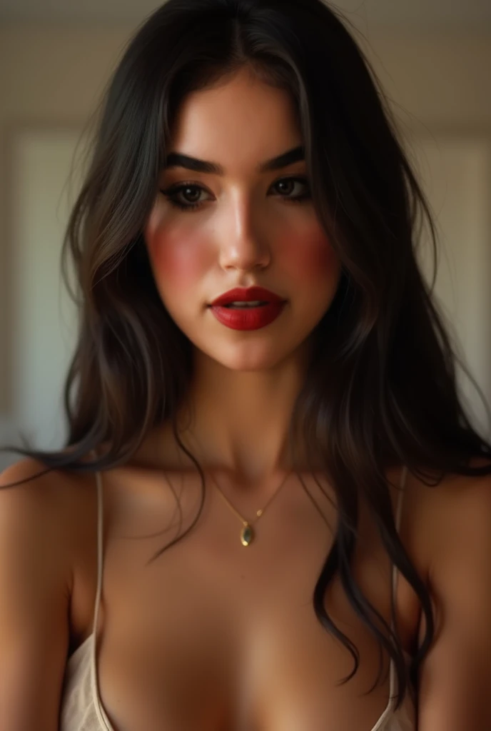 Create an ultra realistic 4K image of a 25-year-old woman with long straight black hair , brown eyes, taking a sexy selfie in her room She is without clothes  , showing an excited and fiery attitude . The image should highlight the beauty of your small-siz...