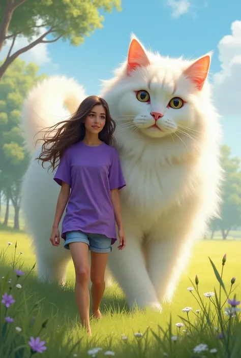 A woman in a purple tshirt walks alongside the edge of a very giant angora cat 