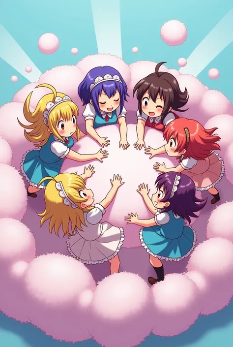 An anime-style art depicting many fairy-maids playfully wrestling with each other inside a comical fight cloud(fairytaile cloud).
each maid has different  colored hair.
their faces,hands,and feet are visible emerging from the cloud as they tussle humorousl...