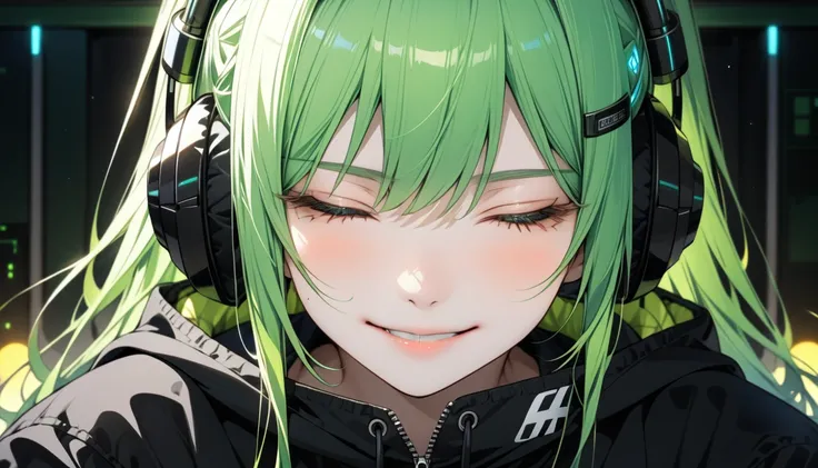    high definition  , masterpiece,   top quality,  Ultra-high definition, 1 person, Alone,   facial beauty,   please close your eyes and smile, close-up,  Sweatshirts Hoodies,   headphones , Night Room, mechanical, mechanicalに一冊本がある。 grassland、 green hair