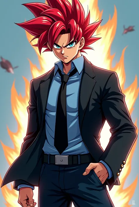 Goku with red hair and blue eyes and with a black jacket and with a blue shirt and with a black tie and with dbs cartoon style jeans 