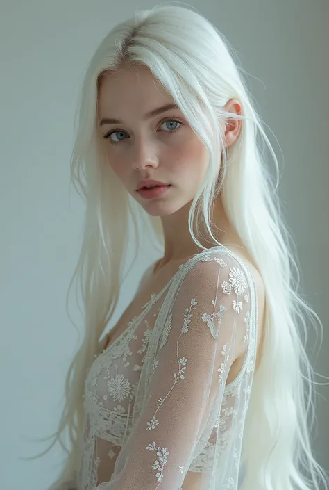 full-body shot of a beautiful white-haired 18 year old girl, intricate sheer transparent translucent clothes:1.2, intricate, beautifull face, elegant, highly detailed, digital hyperrealistic photography, hyperrealistic photography filigree, shyness, most b...