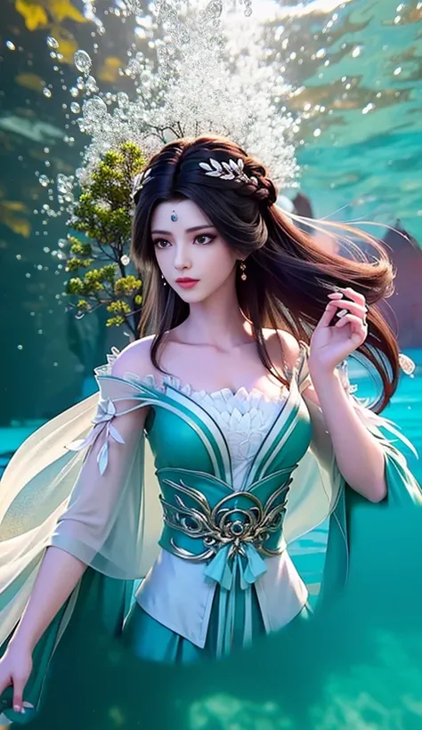 A young woman swimming underwater, her face directly facing the viewer with a serene expression, both hands elegantly extended forward as if gliding through the water, her long hair floating freely around her, surrounded by crystal-clear water with soft su...