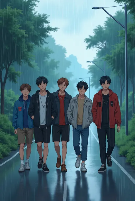 Anime Bts walk on the road with his friends and rain background 