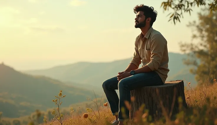 Rahul sitting on a tree stump, looking at a distant hill or the sky, dreaming of a brighter future. The camera zooms in on his face, showing his determination and hope.