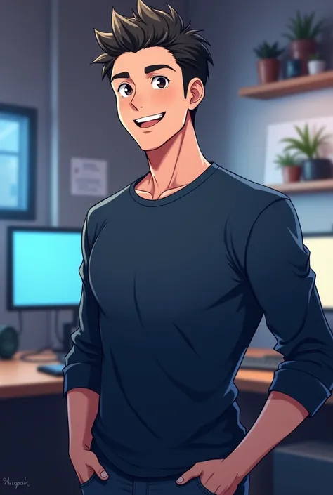 Create an anime-style boy with a mature, manly appearance, standing confidently in his YouTube content creator studio. He faces forward with a warm, friendly smile, exuding a professional yet approachable vibe. The character is wearing a dark blue, long-sl...