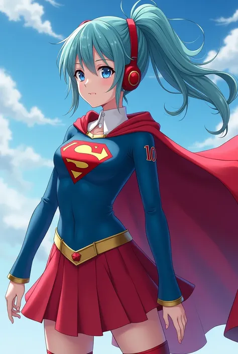 Hatsunemiku,miku, supergirl, white collar, has long ocean blue T-shirt, full body portrait, frontal photo, wearing Supergirls ocean blue suit and red skirt, V-shaped metal belt, golden S-shaped Superman logo on the clothes, white skin, Anime hd style, very...