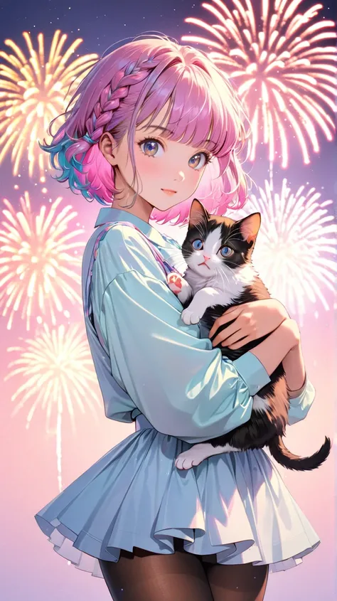  the prettiest girl in the world、( best quality:1.2,  Very detailed, Latest,  vibrant ,  High犬  , masterpiece:1.2,  best quality,  best aesthetics),  girl, (( Poses holding a cute kitten :1.4)),  colorful hair,Short bob ponytail with braids ,  pastel color...